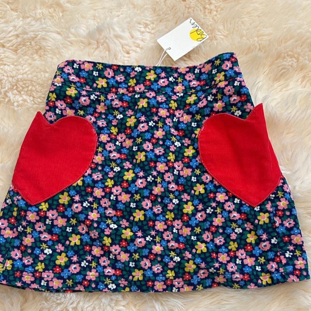 Mini Boden Floral Skirt with Red Heart Pockets